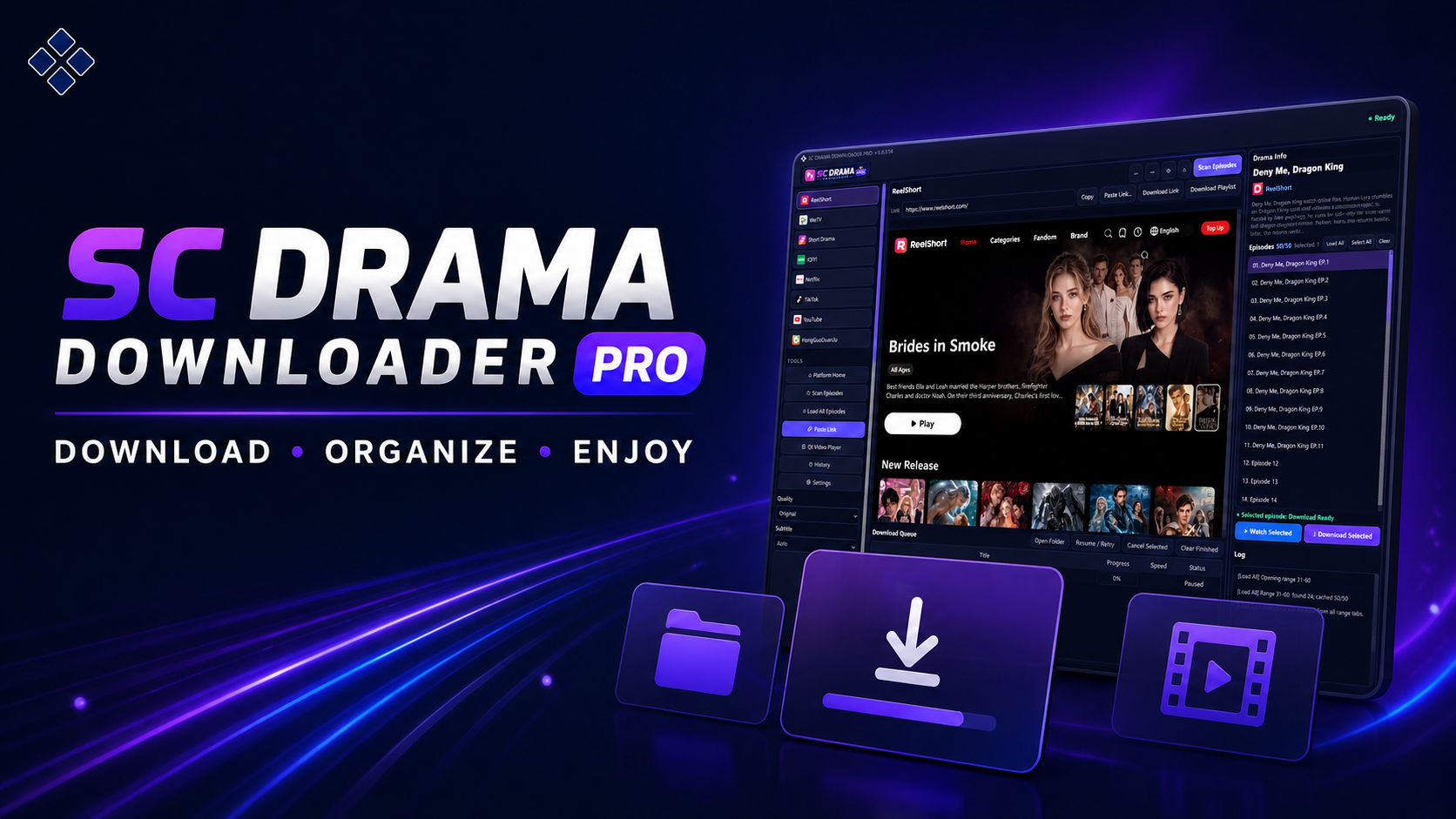 SC Drama Downloader Pro promotional banner with its real ReelShort workspace