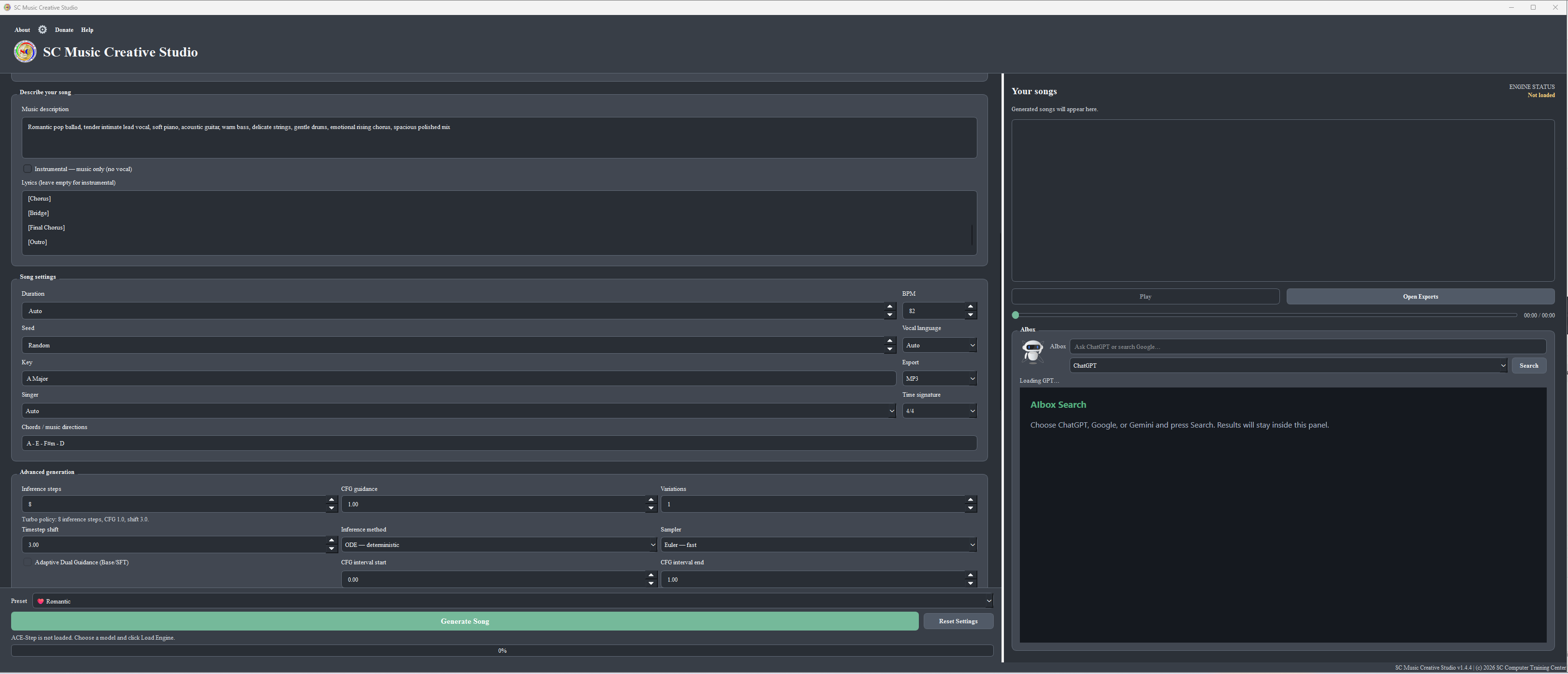 SC Music Creative Studio Full Workspace បង្ហាញ Lyrics, Song Settings, Advanced Generation, Generated Songs និង AIbox