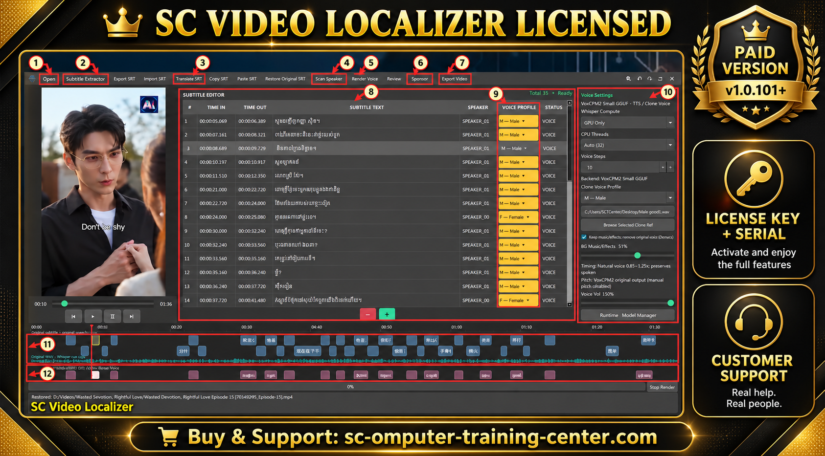 SC Video Localizer Licensed: workflow subtitle, translation, speaker scan, render voice និង license support